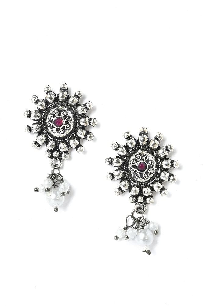 Buy Small Charming Oxidised Earrings With Black Beads